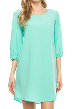 KLKD Women's Solid Round Neck Bishop 3/4 Sleeve Shift Dress