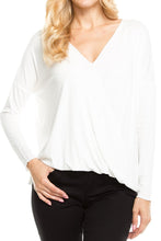 KLKD Women's Drop Shoulder Surplice Long Sleeve Top