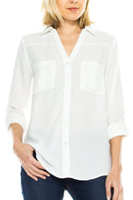 KLKD Women's Double Pocket Cuffed Long Sleeve Button Down Blouse Top