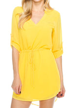 KLKD Women's Cuffed Long Sleeve Tunic Dress Shirt with Pocket and Drawstring Detail