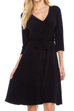 KLKD Women's 3/4 Sleeve Knee Length Self-Tie Faux Wrap Dress Made in U.S.A.