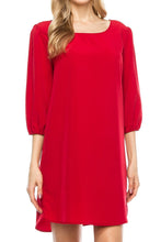 KLKD Women's Solid Round Neck Bishop 3/4 Sleeve Shift Dress