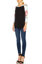 KLKD Women's Floral Sleeves Solid Wide Neck Raglan Top