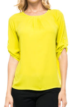 KLKD Women's Basic Chiffon 3/4 Sleeve Roll Up Blouse