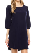 KLKD Women's Solid Round Neck Bishop 3/4 Sleeve Shift Dress