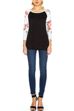 KLKD Women's Floral Sleeves Solid Wide Neck Raglan Top