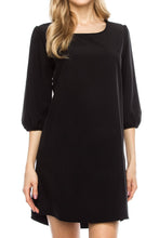 KLKD Women's Solid Round Neck Bishop 3/4 Sleeve Shift Dress