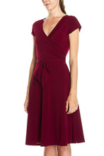 KLKD Women's Basic Solid Draped Cap Sleeve Self Tie A-Line Faux Wrap Dress