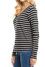 KLKD Women's Cotton Striped Long Sleeve V Neck Top