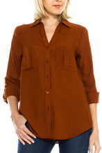 KLKD Women's Double Pocket Cuffed Long Sleeve Button Down Blouse Top