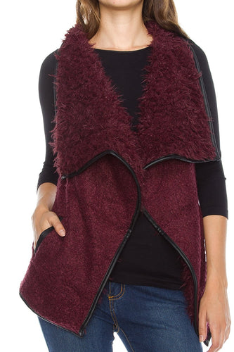 KLKD Women's Solid Shearling Contrast Open Drapey Vest