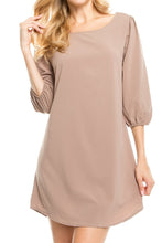 KLKD Women's Solid Round Neck Bishop 3/4 Sleeve Shift Dress