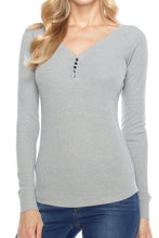 KLKD Women's Long Sleeve Deep V Neckline Ribbed Henley T shirts