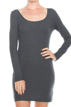 KLKD Women's Solid Ribbed knit Boat Neck Long Sleeve Dress