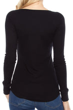 KLKD Women's Long Sleeve Deep V Neckline Ribbed Henley T shirts