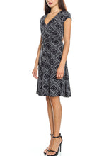 KLKD Women's Printed Cap Sleeve Self-tie Surplice A-line Dress Made in U.S.A.