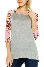 KLKD Women's Floral Sleeves Solid Wide Neck Raglan Top