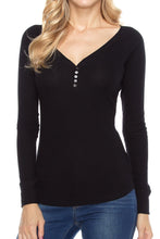 KLKD Women's Long Sleeve Deep V Neckline Ribbed Henley T shirts