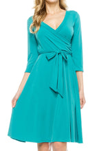 KLKD Women's 3/4 Sleeve Knee Length Self-Tie Faux Wrap Dress Made in U.S.A.