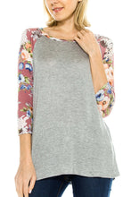 KLKD Women's Floral Sleeves Solid Wide Neck Raglan Top