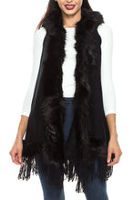 KLKD Women's Faux Fur Collar Open Front Knit Vest