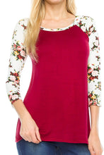 KLKD Women's Floral Sleeves Solid Wide Neck Raglan Top