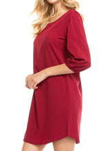 KLKD Women's Solid Round Neck Bishop 3/4 Sleeve Shift Dress