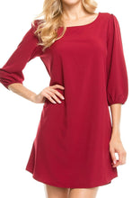 KLKD Women's Solid Round Neck Bishop 3/4 Sleeve Shift Dress