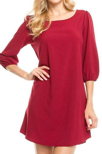 KLKD Women's Solid Round Neck Bishop 3/4 Sleeve Shift Dress