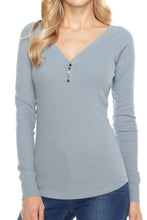 KLKD Women's Long Sleeve Deep V Neckline Ribbed Henley T shirts