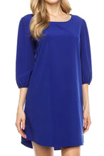 KLKD Women's Solid Round Neck Bishop 3/4 Sleeve Shift Dress