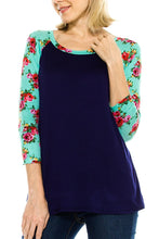 KLKD Women's Floral Sleeves Solid Wide Neck Raglan Top