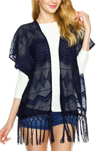 KLKD Women's Floral Lace Fringe-Hem Cardigan