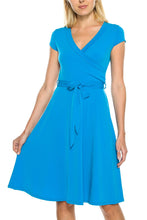 KLKD Women's Basic Solid Draped Cap Sleeve Self Tie A-Line Faux Wrap Dress