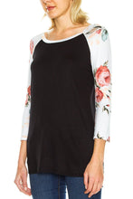 KLKD Women's Floral Sleeves Solid Wide Neck Raglan Top