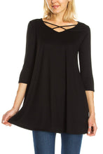 KLKD Women's 3/4 Sleeve Crisscross Front Solid Tunic Top