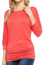 KLKD Wd.omen's 3/4 Dolman Sleeve Side Shirring Top Made in U.S.A. (Plus Size Available)