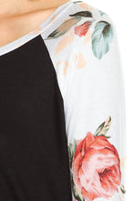 KLKD Women's Floral Sleeves Solid Wide Neck Raglan Top