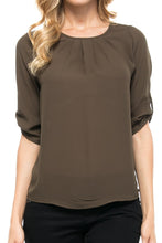 KLKD Women's Basic Chiffon 3/4 Sleeve Roll Up Blouse