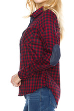 KLKD Women's Cotton Chambray Elbow Patch Plaid Flannel Button Down Shirts