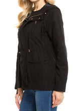 KLKD Women's Poly Peach Skin Hooded Utility Jacket