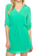 KLKD Women's Cuffed Long Sleeve Tunic Dress Shirt with Pocket and Drawstring Detail