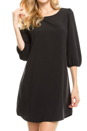 KLKD Women's Solid Round Neck Bishop 3/4 Sleeve Shift Dress