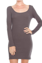 KLKD Women's Solid Ribbed knit Boat Neck Long Sleeve Dress