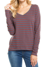 KLKD Women's Cotton Striped Long Sleeve V Neck Top