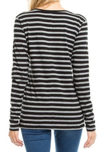 KLKD Women's Cotton Striped Long Sleeve V Neck Top