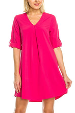 KLKD Women's Solid V Neck Rolled Up Cuffed Sleeve Shift Dress