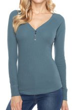 KLKD Women's Long Sleeve Deep V Neckline Ribbed Henley T shirts