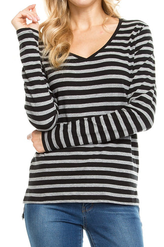 KLKD Women's Cotton Striped Long Sleeve V Neck Top