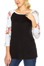 KLKD Women's Floral Sleeves Solid Wide Neck Raglan Top